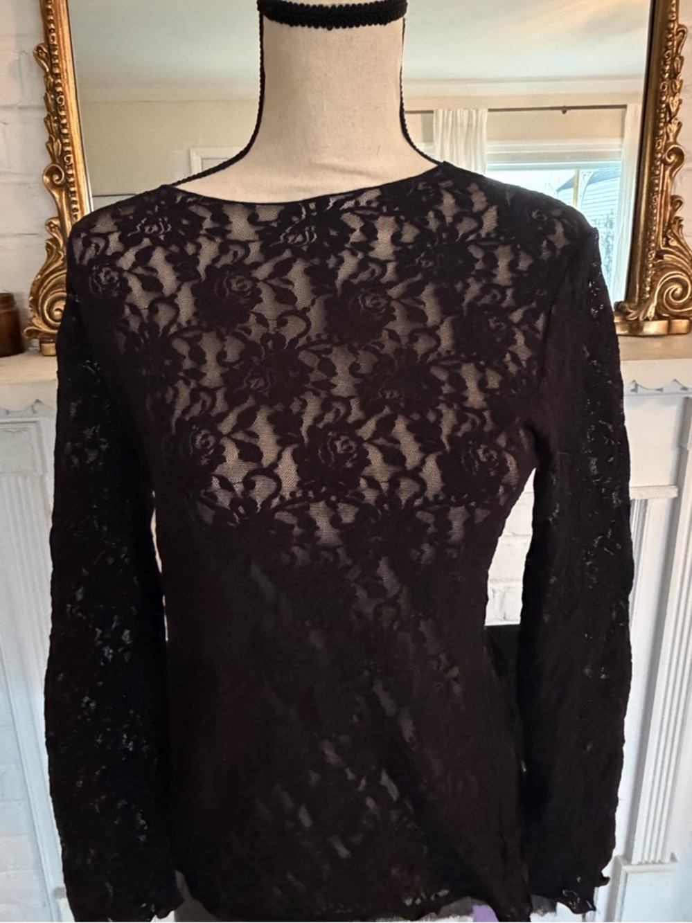 Hanky Panky Sheer Black Floral Lace Long-Sleeve Blouse NWT!